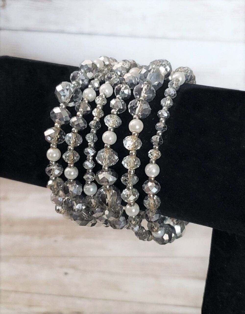 Vintage Bracelet / Bangle - Silver Tone & Faux Pearl Wrap Bracelet